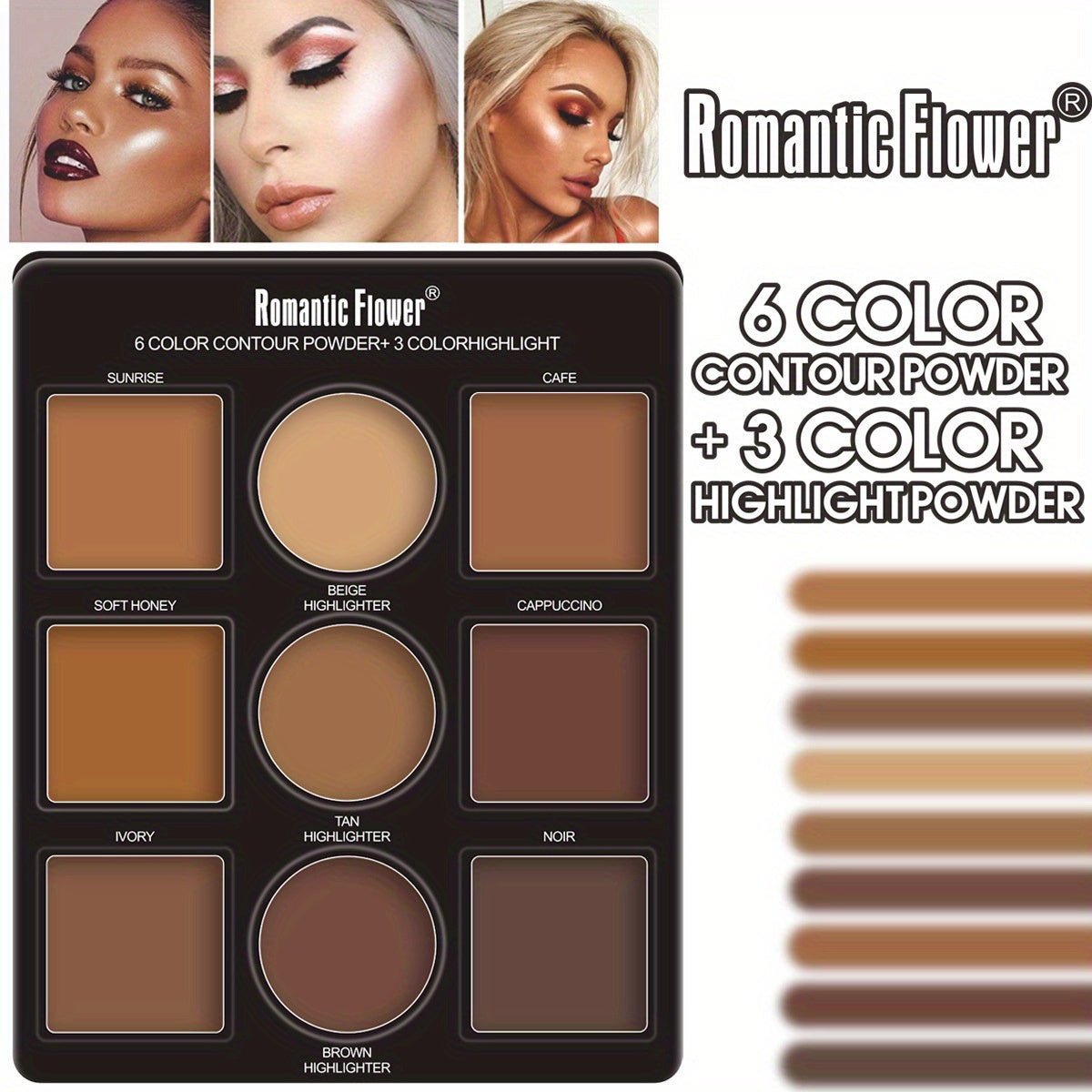 Romantic Flower 6 Color Contour Powder + 3 Color Highlight Powder Kit: Sculpt, Define, and Enhance Features with Low Allergenic Powder Formulas