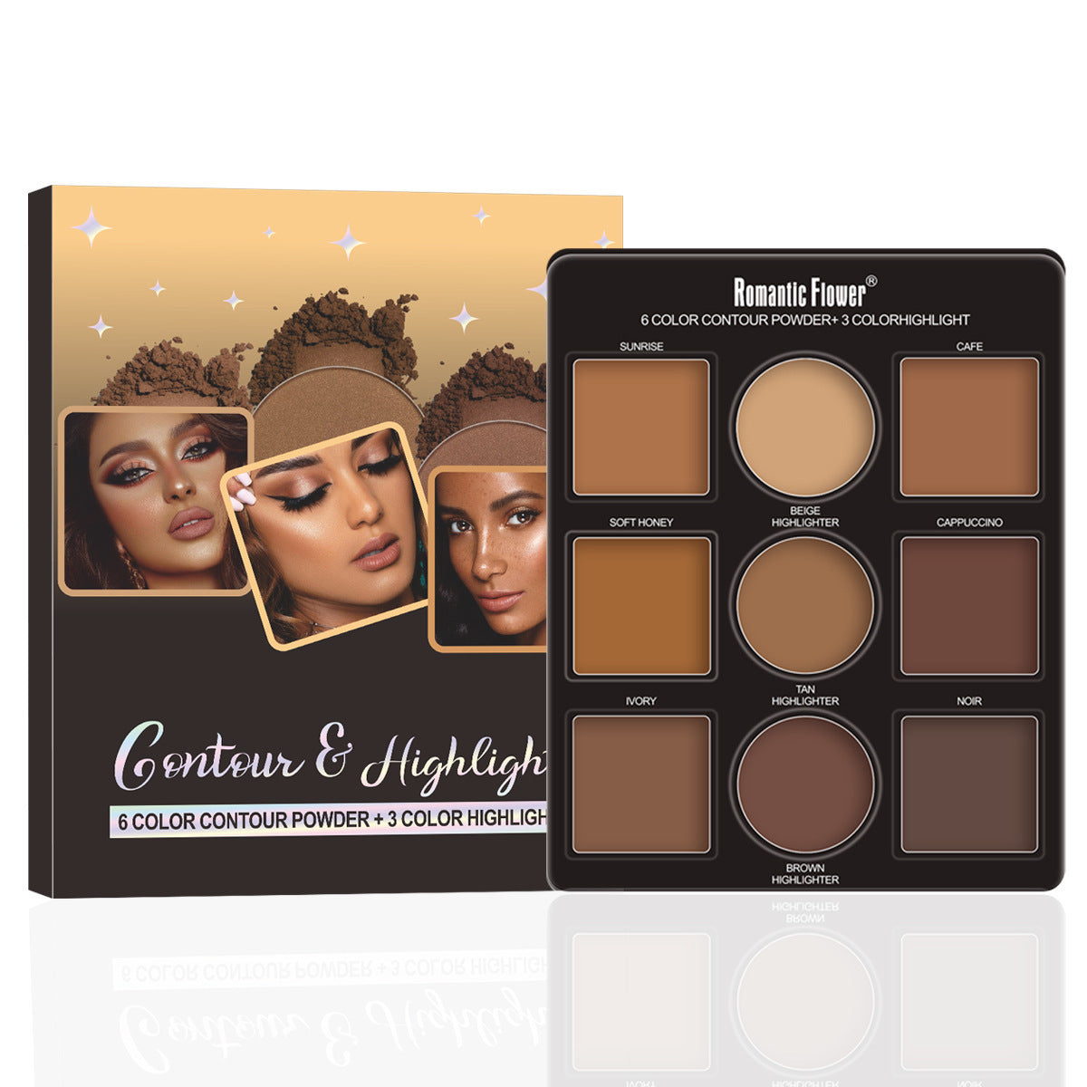 Romantic Flower 6 Color Contour Powder + 3 Color Highlight Powder Kit: Sculpt, Define, and Enhance Features with Low Allergenic Powder Formulas