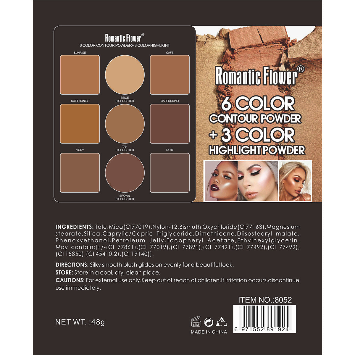 Romantic Flower 6 Color Contour Powder + 3 Color Highlight Powder Kit: Sculpt, Define, and Enhance Features with Low Allergenic Powder Formulas