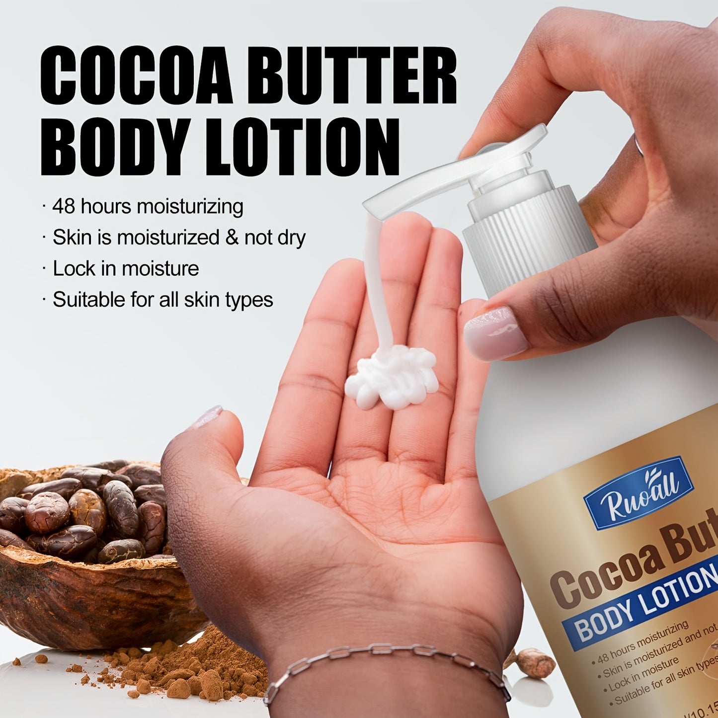 RUOALL Cocoa Butter Body Lotion 300ml - Moisturizing Formula with Glycerin, Vitamin C, Lavender Scent - Alcohol-Free, Unisex-Adult, All Skin Types - Long-Lasting Hydration, Skin Tightening, Even Skin Tone - 15.1 oz