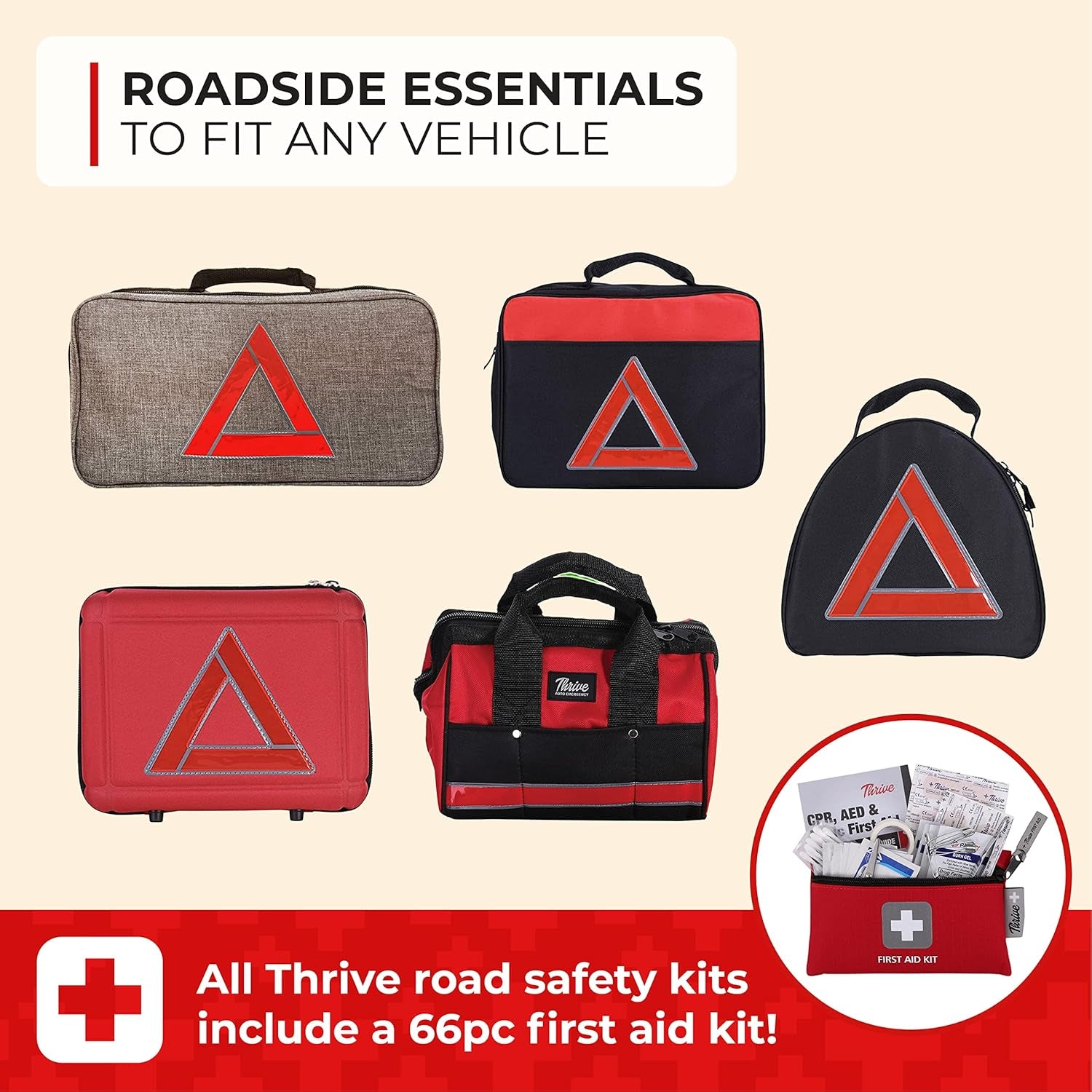Thrive Emergency Car Kits for Vehicles - Roadside Emergency Car Kit (104 Pieces) - Car Kits for Emergency - Roadside Car Kit with Jumper Cables and Mini First Aid Kit - Gray Bag