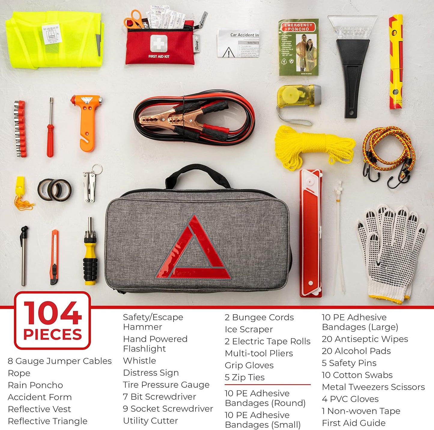 Thrive Emergency Car Kits for Vehicles - Roadside Emergency Car Kit (104 Pieces) - Car Kits for Emergency - Roadside Car Kit with Jumper Cables and Mini First Aid Kit - Gray Bag