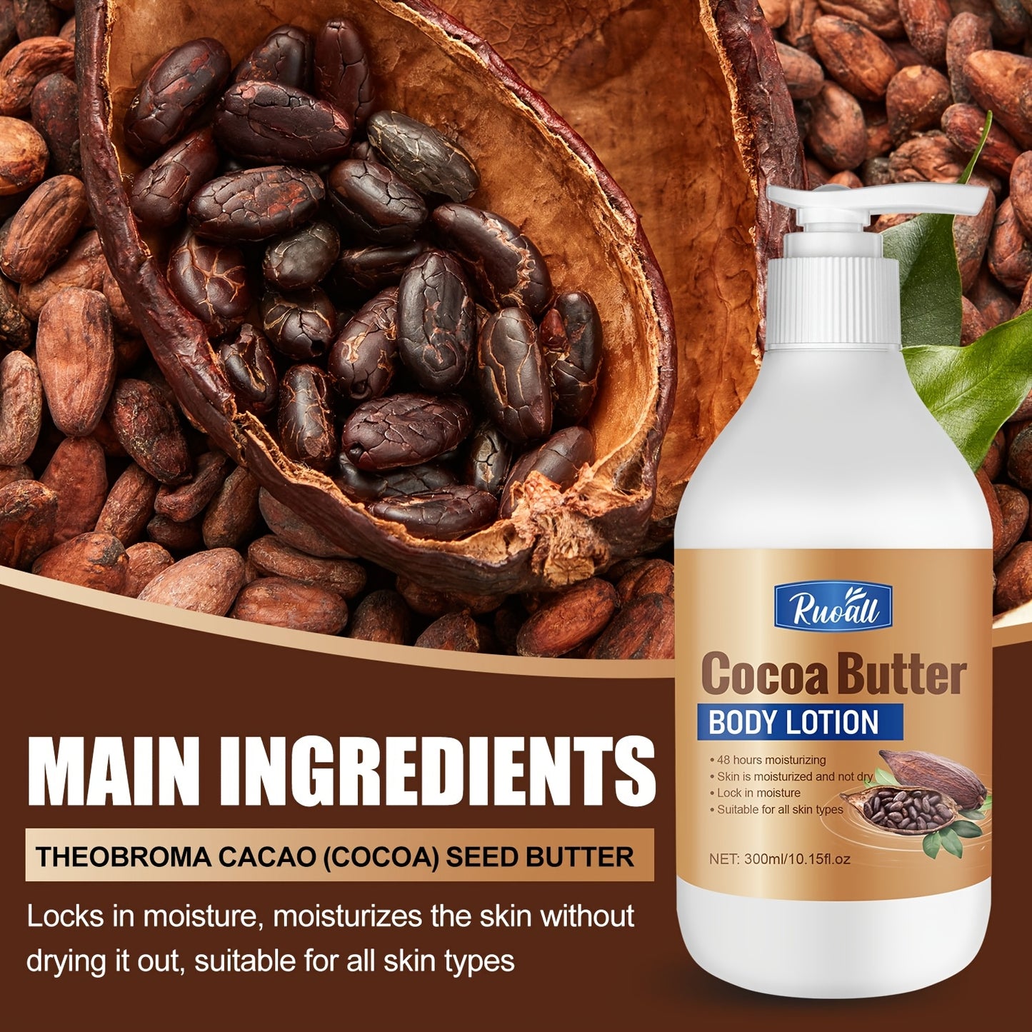 RUOALL Cocoa Butter Body Lotion 300ml - Moisturizing Formula with Glycerin, Vitamin C, Lavender Scent - Alcohol-Free, Unisex-Adult, All Skin Types - Long-Lasting Hydration, Skin Tightening, Even Skin Tone - 15.1 oz
