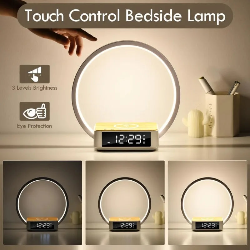 WILIT Bedside Lamp,Night Lamp for Bedroom with Alarm Clock,Touch Lamp with Wireless Charger,Wake-up Light