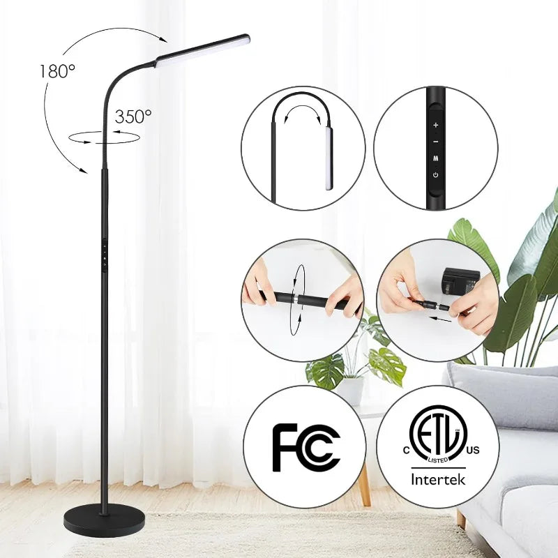LED Floor Lamp, Bright 15W Floor Lamps for Living Room with 1H Timer, Stepless Adjustable 3000K-6000K Colors & Brightness