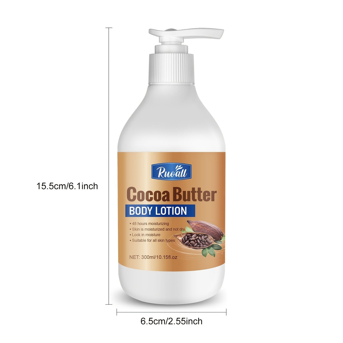 RUOALL Cocoa Butter Body Lotion 300ml - Moisturizing Formula with Glycerin, Vitamin C, Lavender Scent - Alcohol-Free, Unisex-Adult, All Skin Types - Long-Lasting Hydration, Skin Tightening, Even Skin Tone - 15.1 oz