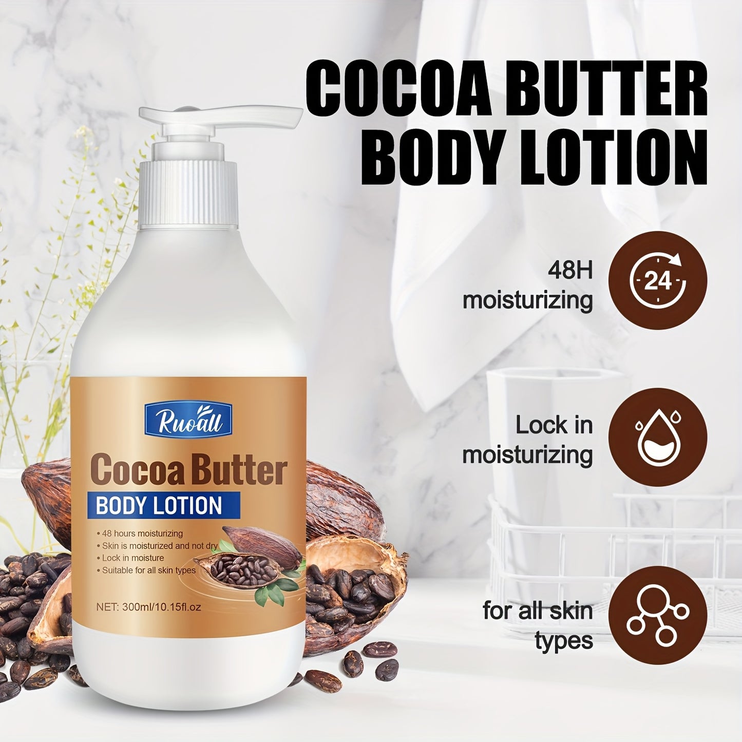 RUOALL Cocoa Butter Body Lotion 300ml - Moisturizing Formula with Glycerin, Vitamin C, Lavender Scent - Alcohol-Free, Unisex-Adult, All Skin Types - Long-Lasting Hydration, Skin Tightening, Even Skin Tone - 15.1 oz