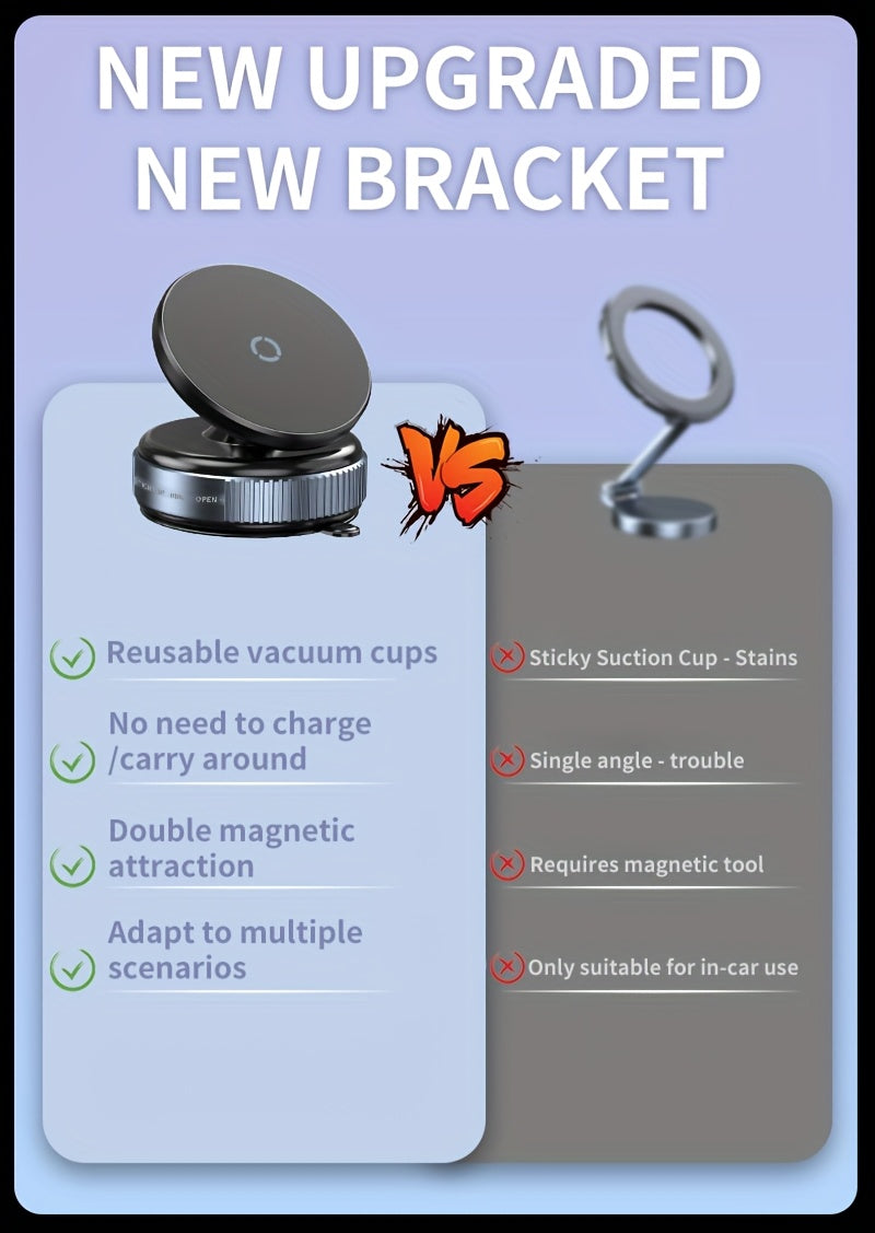 The New Upgraded 360° Rotating Magnetic Universal Phone Holder Features Vacuum And Magnetic Suction for a Stable Car Mount. It'S Suitable for Use in The Kitchen, on Desks, in Offices, During Workouts, While Traveling, And in