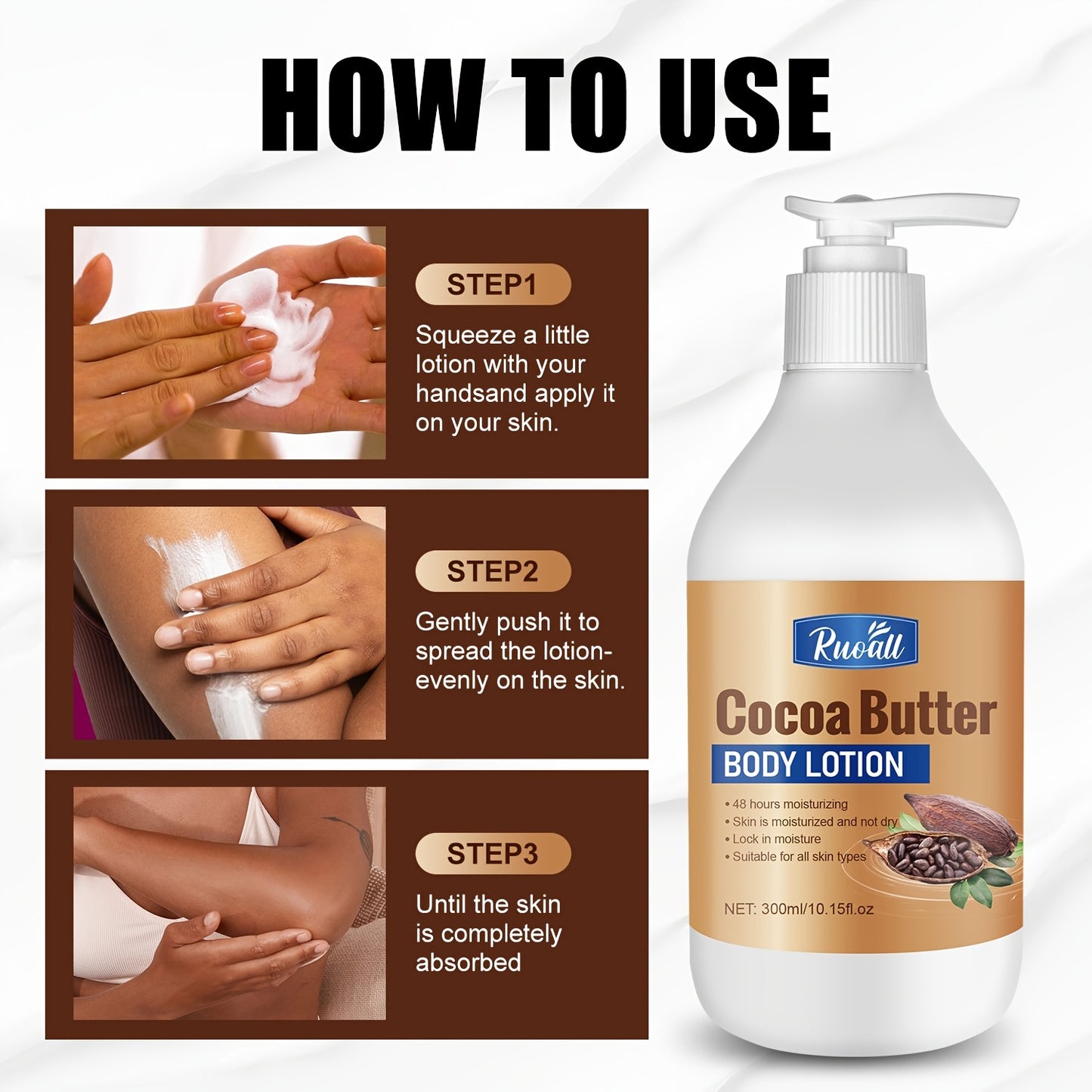 RUOALL Cocoa Butter Body Lotion 300ml - Moisturizing Formula with Glycerin, Vitamin C, Lavender Scent - Alcohol-Free, Unisex-Adult, All Skin Types - Long-Lasting Hydration, Skin Tightening, Even Skin Tone - 15.1 oz