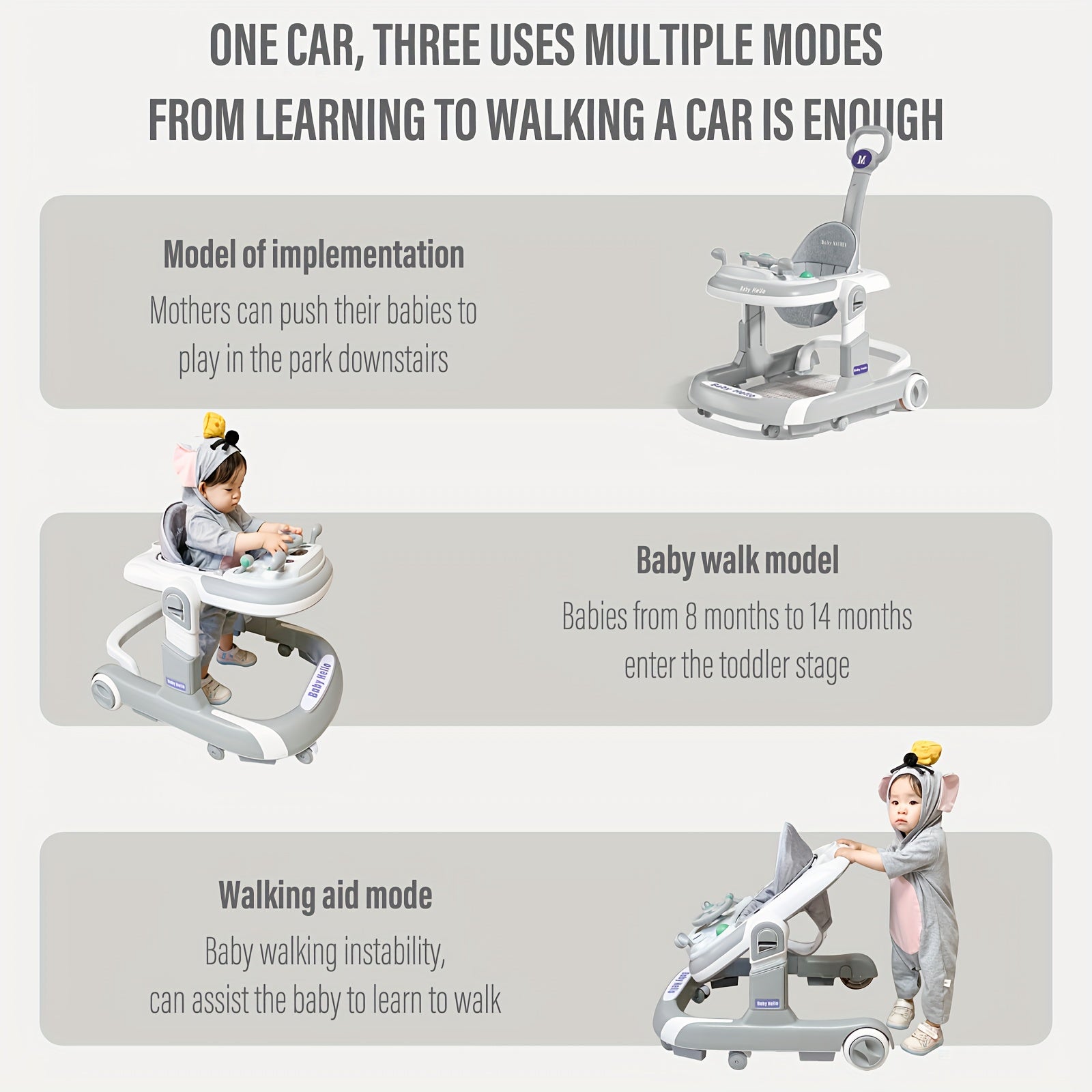 Baby Walkers, 5 And 1 Baby Walker With Wheels, Walker For Babies 4-Height Baby Walkers And Activity Center For Boys Girls, Baby Walkers For Babies 6-36 Months, Baby Walkers And Activity Center (Grey)