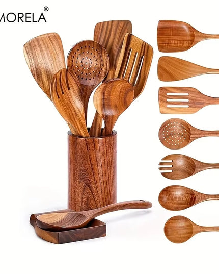 4/7/9PCS Wooden Spoons for Cooking Wooden Utensils for Cooking with Utensils Holder Teak Wooden Kitchen Utensils Set