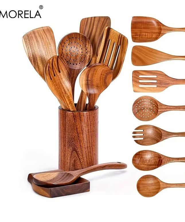 4/7/9PCS Wooden Spoons for Cooking Wooden Utensils for Cooking with Utensils Holder Teak Wooden Kitchen Utensils Set