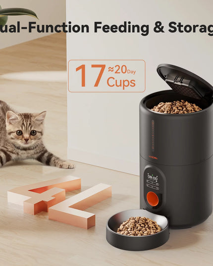 Automatic Dog Feeders, Pet Feeder, Cat Food Dispenser with Stainless Steel Bowl, 4L, Black