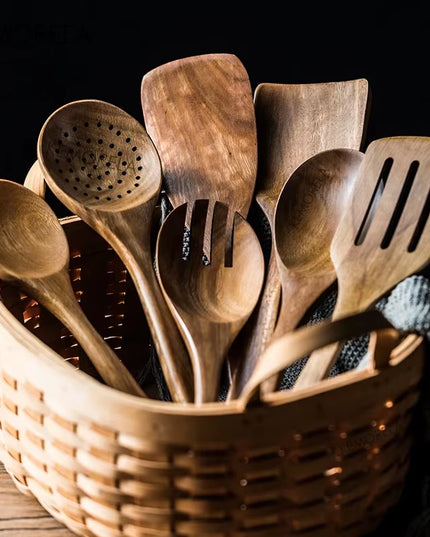 4/7/9PCS Wooden Spoons for Cooking Wooden Utensils for Cooking with Utensils Holder Teak Wooden Kitchen Utensils Set