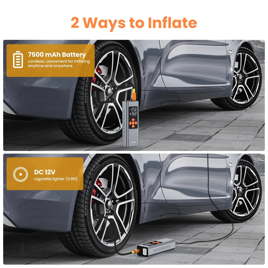 Tire Inflator Portable Air Compressor, Cordless 150PSI Car Air Pump with Digital Pressure Gauge, Electric Tire Pump with 7500 Mah Battery, Mini Car Tire Inflator with LED for Car, Bike, Ball