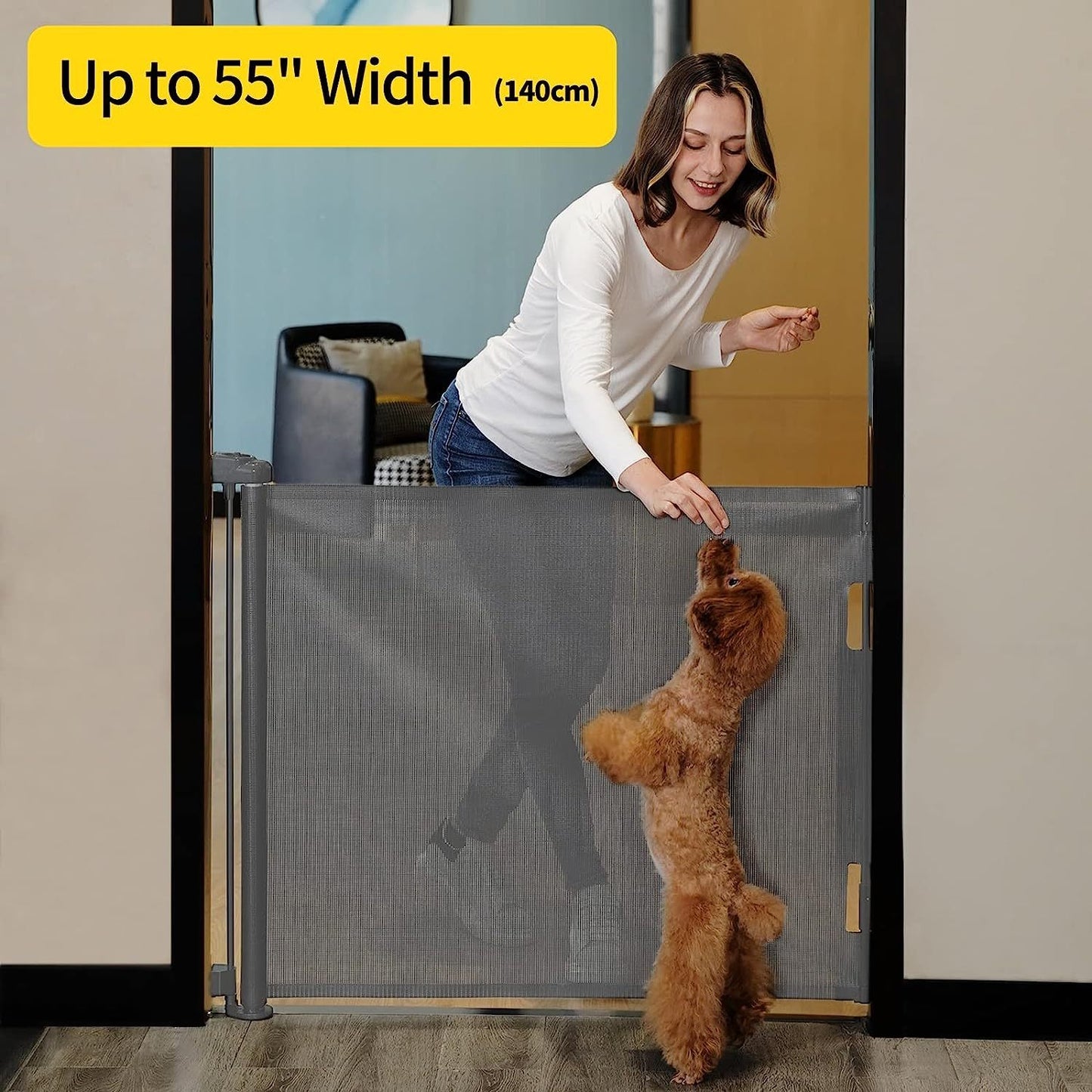 Retractable Baby Gate, Mesh Baby Gate Or Mesh Dog Gate, 33" Tall, Extends Up To 55" Wide - Child Safety Gate For Doorways, Stairs, Hallways, Indoor/Outdoor - For Parents & Pet Owners -  Provides Secure Containment - Ideal Gif