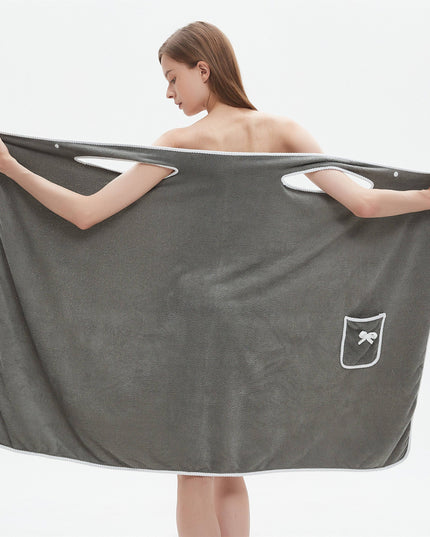1pc Ultra-Soft Coral Velvet Bath Towel Skirt with Bowknot Design - Quick Dry, No Hair Loss, One Size Fits Most (5'2"-5'74", 132lbs-176lbs), Grey with White Pockets & Ties