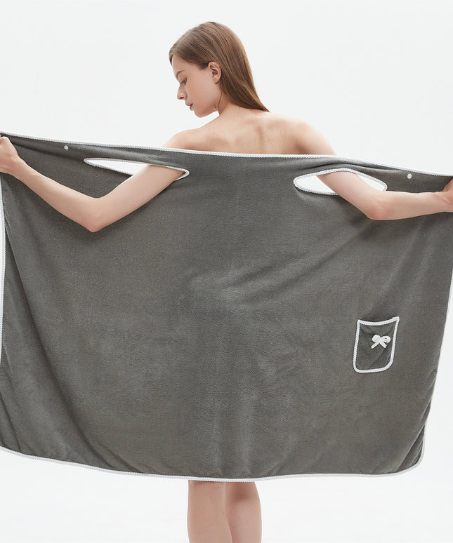 1pc Ultra-Soft Coral Velvet Bath Towel Skirt with Bowknot Design - Quick Dry, No Hair Loss, One Size Fits Most (5'2"-5'74", 132lbs-176lbs), Grey with White Pockets & Ties