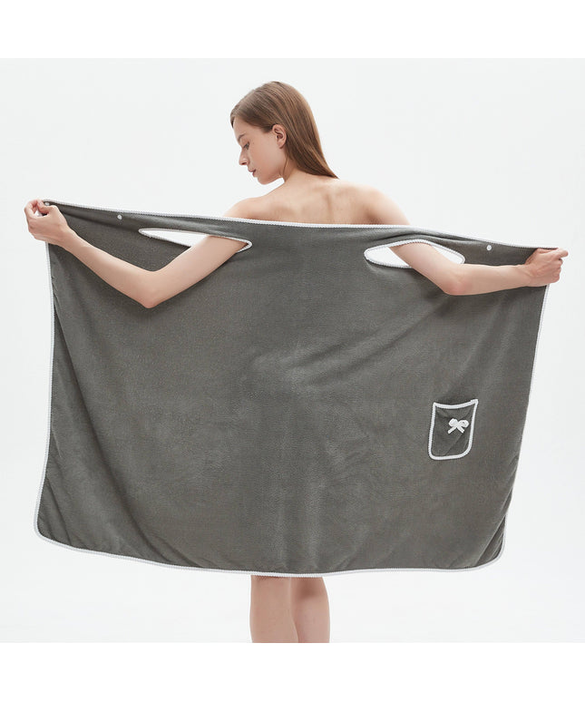 1pc Ultra-Soft Coral Velvet Bath Towel Skirt with Bowknot Design - Quick Dry, No Hair Loss, One Size Fits Most (5'2"-5'74", 132lbs-176lbs), Grey with White Pockets & Ties