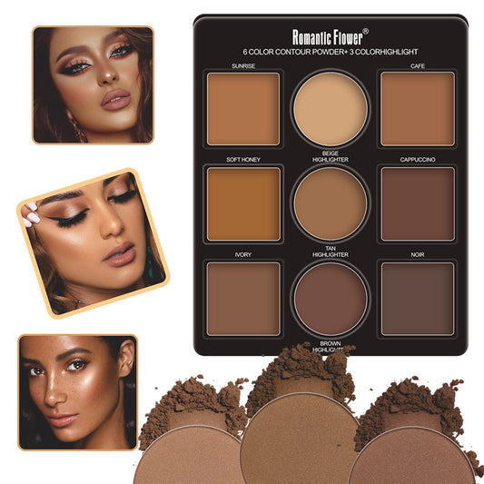Romantic Flower 6 Color Contour Powder + 3 Color Highlight Powder Kit: Sculpt, Define, and Enhance Features with Low Allergenic Powder Formulas