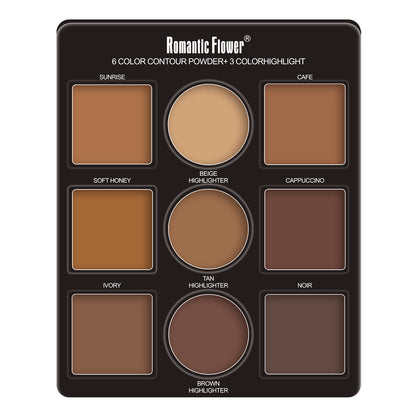 Romantic Flower 6 Color Contour Powder + 3 Color Highlight Powder Kit: Sculpt, Define, and Enhance Features with Low Allergenic Powder Formulas