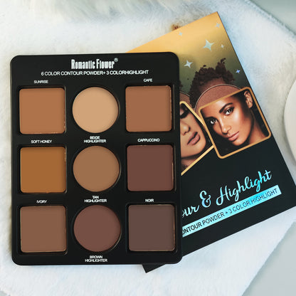 Romantic Flower 6 Color Contour Powder + 3 Color Highlight Powder Kit: Sculpt, Define, and Enhance Features with Low Allergenic Powder Formulas