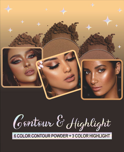 Romantic Flower 6 Color Contour Powder + 3 Color Highlight Powder Kit: Sculpt, Define, and Enhance Features with Low Allergenic Powder Formulas