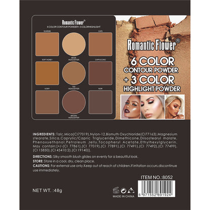 Romantic Flower 6 Color Contour Powder + 3 Color Highlight Powder Kit: Sculpt, Define, and Enhance Features with Low Allergenic Powder Formulas