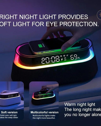Fast 15W Wireless Charging Digital Alarm Clock Radio - 6 In 1 Bedside Clock With Dual Alarm, FM Radio, 12/24H USB Charger, Countdown Timer, RGB Mode, Wireless Speaker