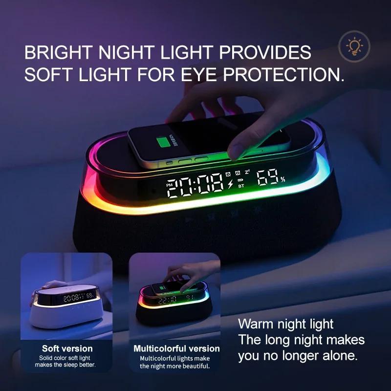 Fast 15W Wireless Charging Digital Alarm Clock Radio - 6 In 1 Bedside Clock With Dual Alarm, FM Radio, 12/24H USB Charger, Countdown Timer, RGB Mode, Wireless Speaker