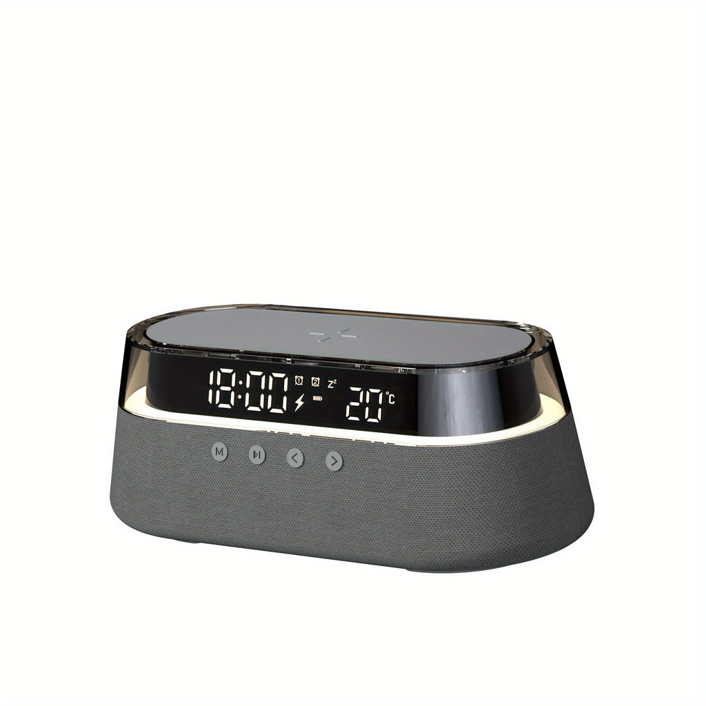 Fast 15W Wireless Charging Digital Alarm Clock Radio - 6 In 1 Bedside Clock With Dual Alarm, FM Radio, 12/24H USB Charger, Countdown Timer, RGB Mode, Wireless Speaker