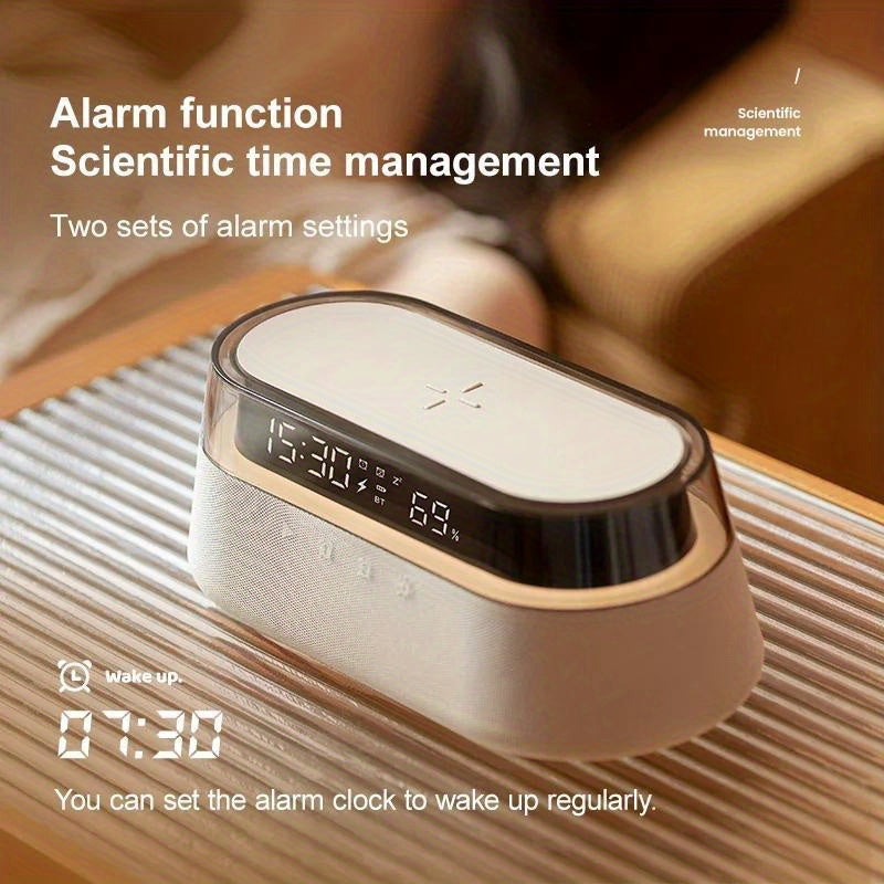 Fast 15W Wireless Charging Digital Alarm Clock Radio - 6 In 1 Bedside Clock With Dual Alarm, FM Radio, 12/24H USB Charger, Countdown Timer, RGB Mode, Wireless Speaker