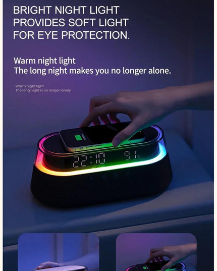 Fast 15W Wireless Charging Digital Alarm Clock Radio - 6 In 1 Bedside Clock With Dual Alarm, FM Radio, 12/24H USB Charger, Countdown Timer, RGB Mode, Wireless Speaker