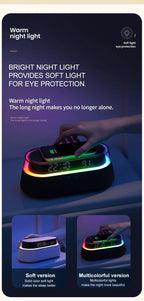 Fast 15W Wireless Charging Digital Alarm Clock Radio - 6 In 1 Bedside Clock With Dual Alarm, FM Radio, 12/24H USB Charger, Countdown Timer, RGB Mode, Wireless Speaker