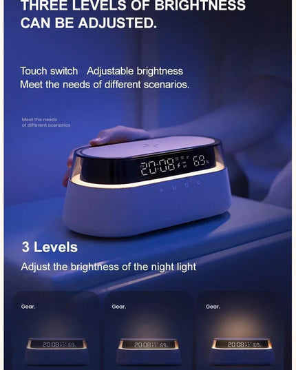Fast 15W Wireless Charging Digital Alarm Clock Radio - 6 In 1 Bedside Clock With Dual Alarm, FM Radio, 12/24H USB Charger, Countdown Timer, RGB Mode, Wireless Speaker