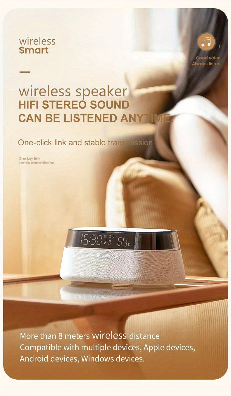 Fast 15W Wireless Charging Digital Alarm Clock Radio - 6 In 1 Bedside Clock With Dual Alarm, FM Radio, 12/24H USB Charger, Countdown Timer, RGB Mode, Wireless Speaker