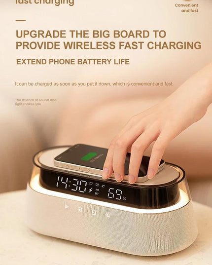 Fast 15W Wireless Charging Digital Alarm Clock Radio - 6 In 1 Bedside Clock With Dual Alarm, FM Radio, 12/24H USB Charger, Countdown Timer, RGB Mode, Wireless Speaker