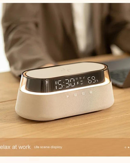 Fast 15W Wireless Charging Digital Alarm Clock Radio - 6 In 1 Bedside Clock With Dual Alarm, FM Radio, 12/24H USB Charger, Countdown Timer, RGB Mode, Wireless Speaker