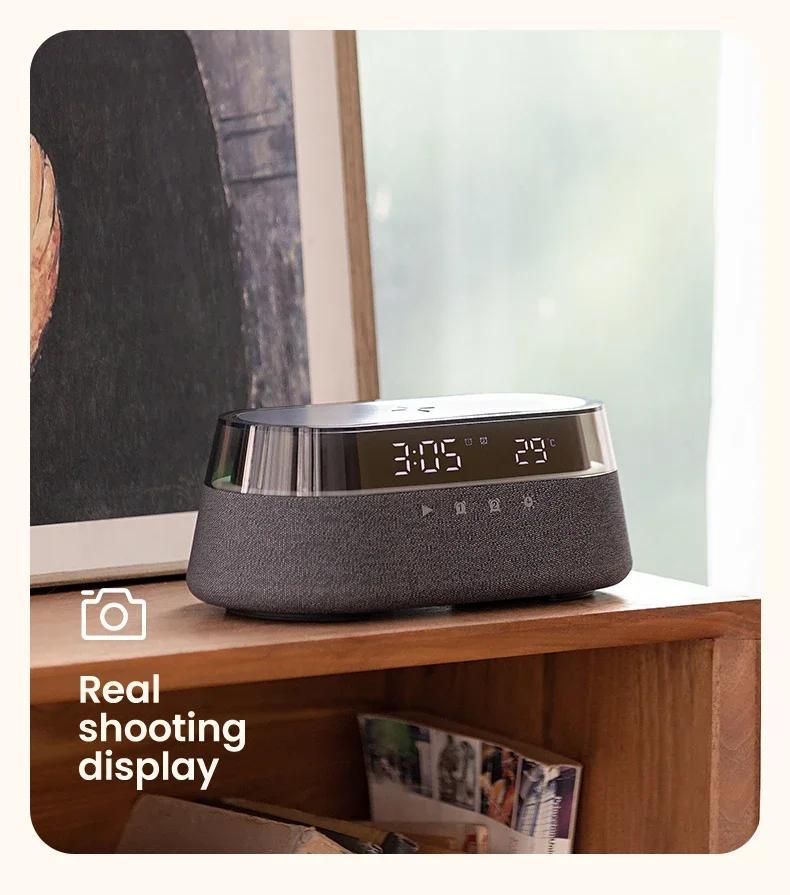 Fast 15W Wireless Charging Digital Alarm Clock Radio - 6 In 1 Bedside Clock With Dual Alarm, FM Radio, 12/24H USB Charger, Countdown Timer, RGB Mode, Wireless Speaker
