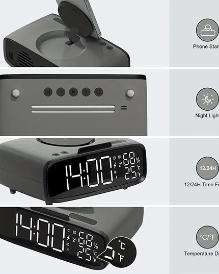 6-in-1 Alarm Clock With Wireless Charging, USB Charging Port, Night Light Wireless Speaker, 3-level Brightness Digital Clock Temperature, 12/24 Hours, Bedroom Snooze Alarm Clock