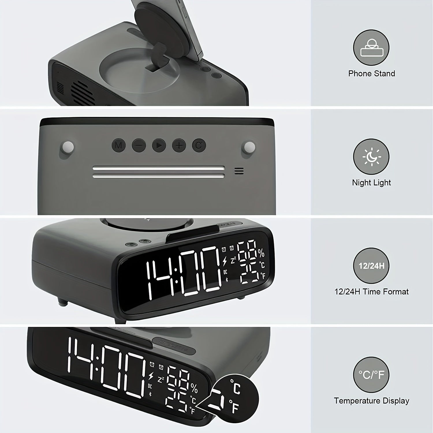 6-in-1 Alarm Clock With Wireless Charging, USB Charging Port, Night Light Wireless Speaker, 3-level Brightness Digital Clock Temperature, 12/24 Hours, Bedroom Snooze Alarm Clock