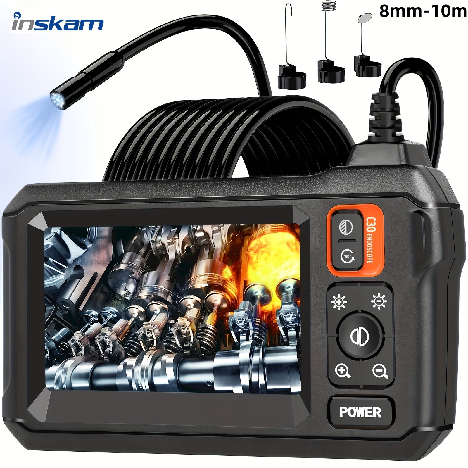 Inskam 4.3" IPS LCD Endoscope Camera, 8mm Single Lens,, ABS Material, Analog Display, Battery/USB Dual Power, 2000mAh Rechargeable Lithium Battery, ≤36V Operating Voltage, for Auto Repair & Plumbing