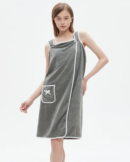 1pc Ultra-Soft Coral Velvet Bath Towel Skirt with Bowknot Design - Quick Dry, No Hair Loss, One Size Fits Most (5'2"-5'74", 132lbs-176lbs), Grey with White Pockets & Ties