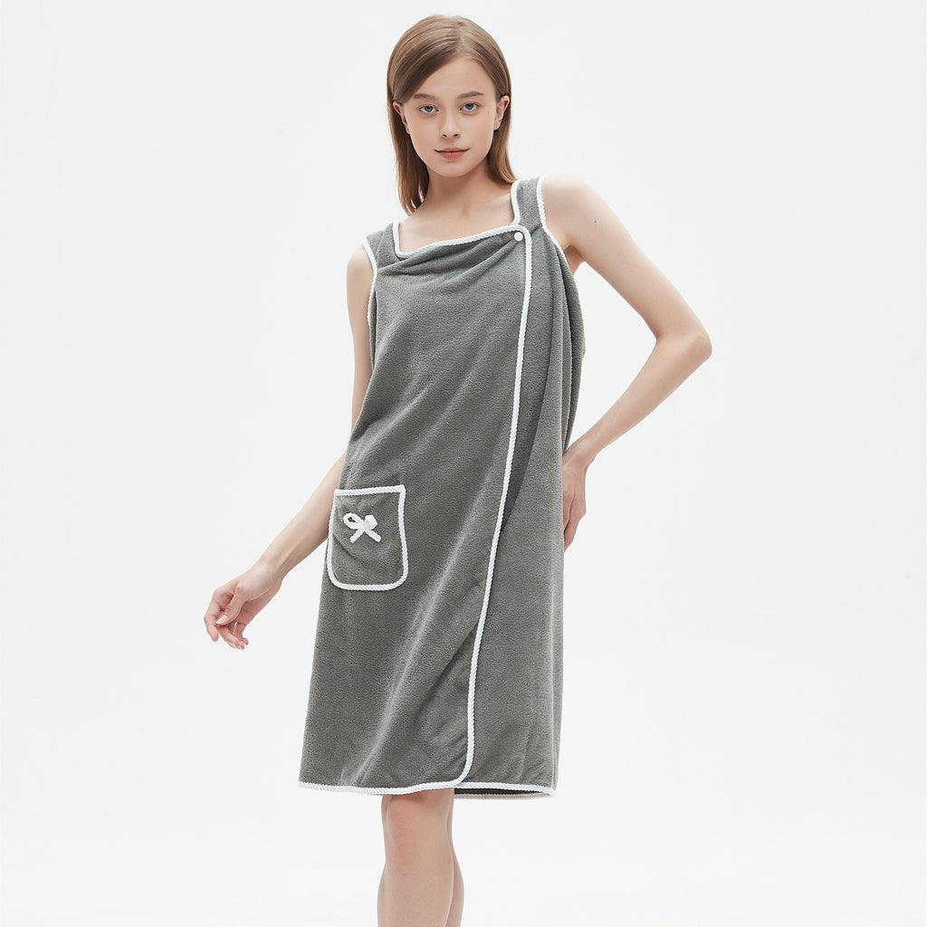 1pc Ultra-Soft Coral Velvet Bath Towel Skirt with Bowknot Design - Quick Dry, No Hair Loss, One Size Fits Most (5'2"-5'74", 132lbs-176lbs), Grey with White Pockets & Ties