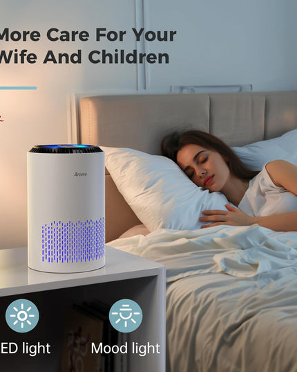 Air Purifiers for Bedroom Home, Air Purifier Air Cleaner for Smoke Pollen Dander Hair Smell Portable Air Purifier with Sleep Mode Speed Control for Bedroom Office Living Room, MK01- White