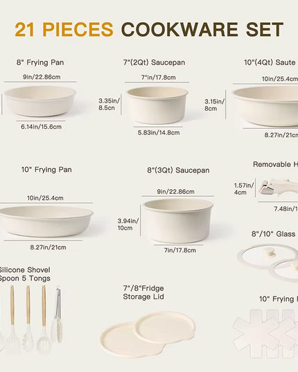 21-Piece Non-Stick Ceramic Cookware Set with Sensor Handles in Milky White