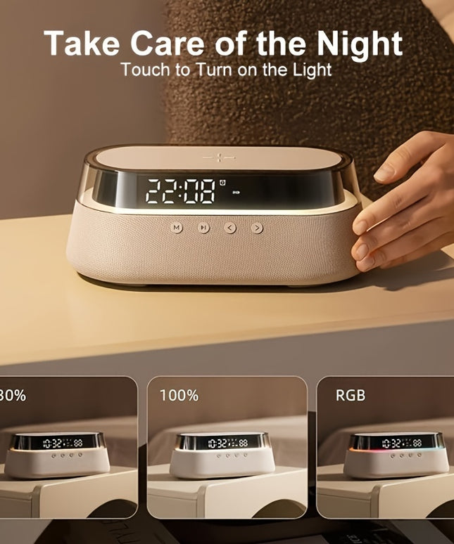 Fast 15W Wireless Charging Digital Alarm Clock Radio - 6 In 1 Bedside Clock With Dual Alarm, FM Radio, 12/24H USB Charger, Countdown Timer, RGB Mode, Wireless Speaker
