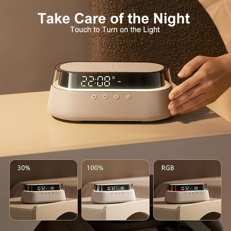 Fast 15W Wireless Charging Digital Alarm Clock Radio - 6 In 1 Bedside Clock With Dual Alarm, FM Radio, 12/24H USB Charger, Countdown Timer, RGB Mode, Wireless Speaker