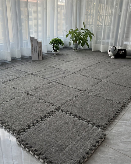 12pcs Set of Thick Bedroom Living Room Full Coverage Interlocking Carpet Tiles, Warm Room Bedside Rug, Washable Soft Non-Slip Mats, 11.8x11.8 Inch - Polyester & EVA Material, Machine-Made, Hand-Wash Only