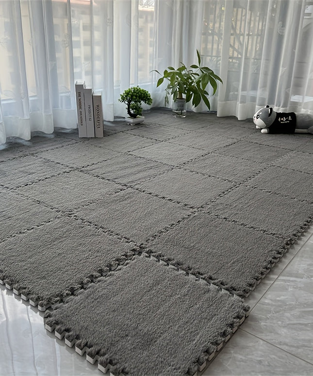 12pcs Set of Thick Bedroom Living Room Full Coverage Interlocking Carpet Tiles, Warm Room Bedside Rug, Washable Soft Non-Slip Mats, 11.8x11.8 Inch - Polyester & EVA Material, Machine-Made, Hand-Wash Only
